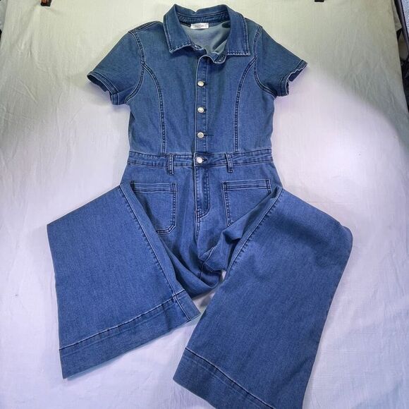 Wisteria Lane Blue Denim Button Front Short Sleeve Flare Leg Jumpsuit Large - Picture 2 of 14